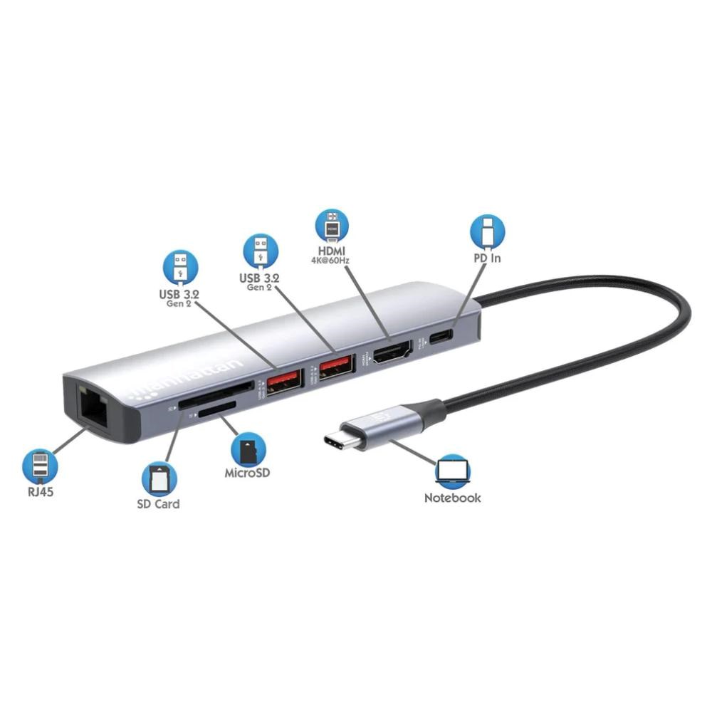 MANHATTAN Dokovací stanice USB-C 7v1,  1xHDMI,  1xUSB-C,  2xUSB,  1xRJ45,  čtečka SD karet,  šedá4 