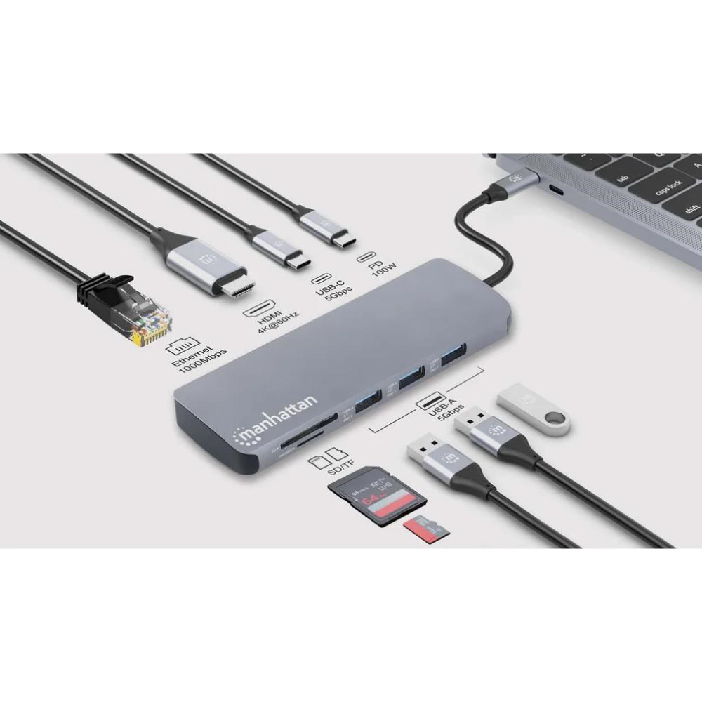 MANHATTAN Dokovací stanice USB-C 9v1, HDMI, USB-C 3.0, USB-C PD 100W, 3xUSB-A 3.0, SD microSD, RJ456 