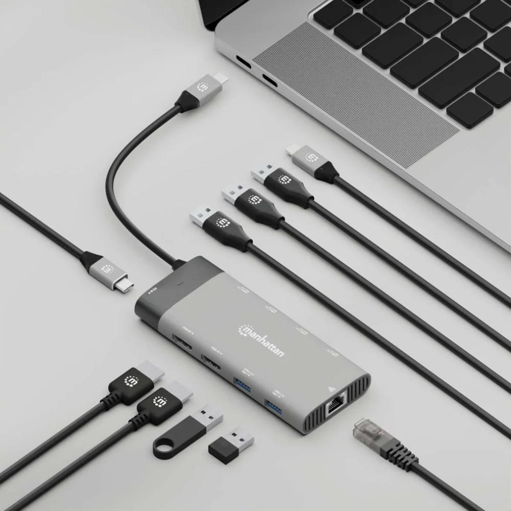 MANHATTAN Dokovací stanice USB-C 10v1,  2xHDMI,  USB-C 3.1,  USB-C PD 100W,  2xUSB-A 3.1,  3xUSB-A 3.0,  RJ456 