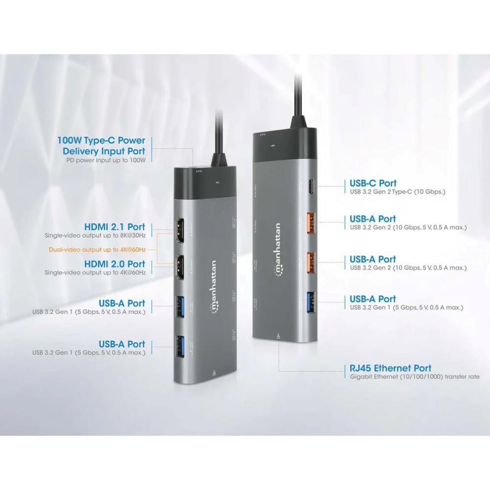 MANHATTAN Dokovací stanice USB-C 10v1,  2xHDMI,  USB-C 3.1,  USB-C PD 100W,  2xUSB-A 3.1,  3xUSB-A 3.0,  RJ458 