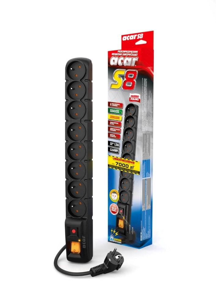 Acar S8 1.5m kabel,  8 zásuvek,  přepěťová ochrana,  černá1 