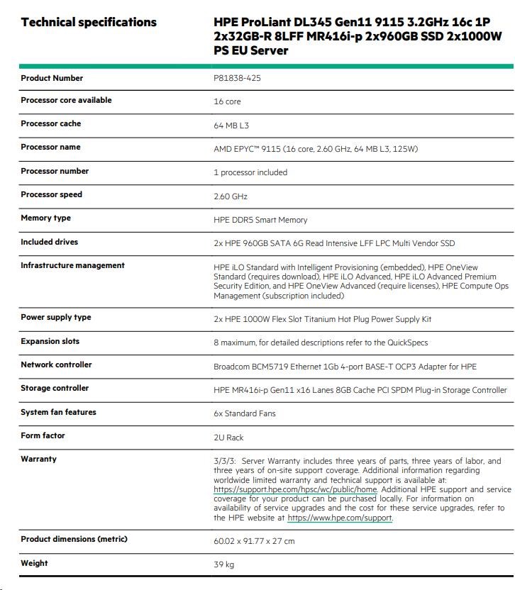 HPE PL DL345g11 AMD Epyc 9115 (2.6G/ 16C) 2x32G (P64985) 2x960G 2x1000W MR416i-p 8LFF 4p1G Arm Smart Choice0 