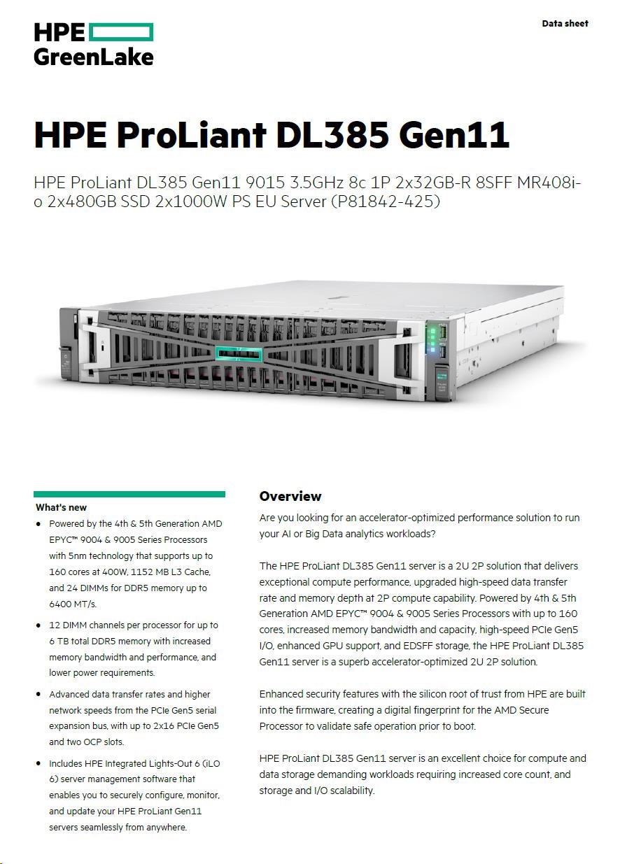 HPE PL DL385g11 AMD EPYC 9015 (3.6/ 8C) 2x32G (P64985) 2x480G MR408i-o 2x1000W 8SFF 2p10GT Smart Choice1 