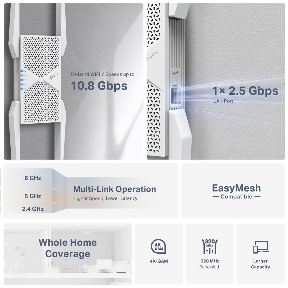 TP-Link RE655BE EasyMesh WiFi7 Extender/ Repeater (BE11000, 2, 4GHz/ 5GHz/ 6GHz, 1x2, 5GbELAN)0 
