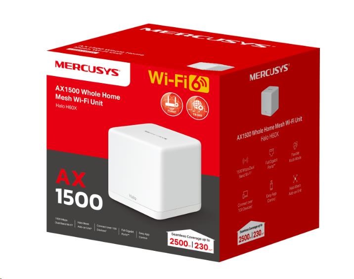 MERCUSYS Halo H60X(1-pack) WiFi6 Mesh (AX1500, 2, 4GHz/ 5GHz, 3xGbELAN/ WAN(1xXR Unit)3 