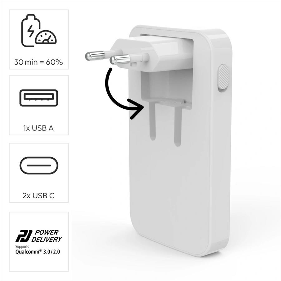 Hama rýchla USB nabíjačka GaN 2x USB-C + USB-A,  PD/ QC 65 W,  plochá,  skladacia12 