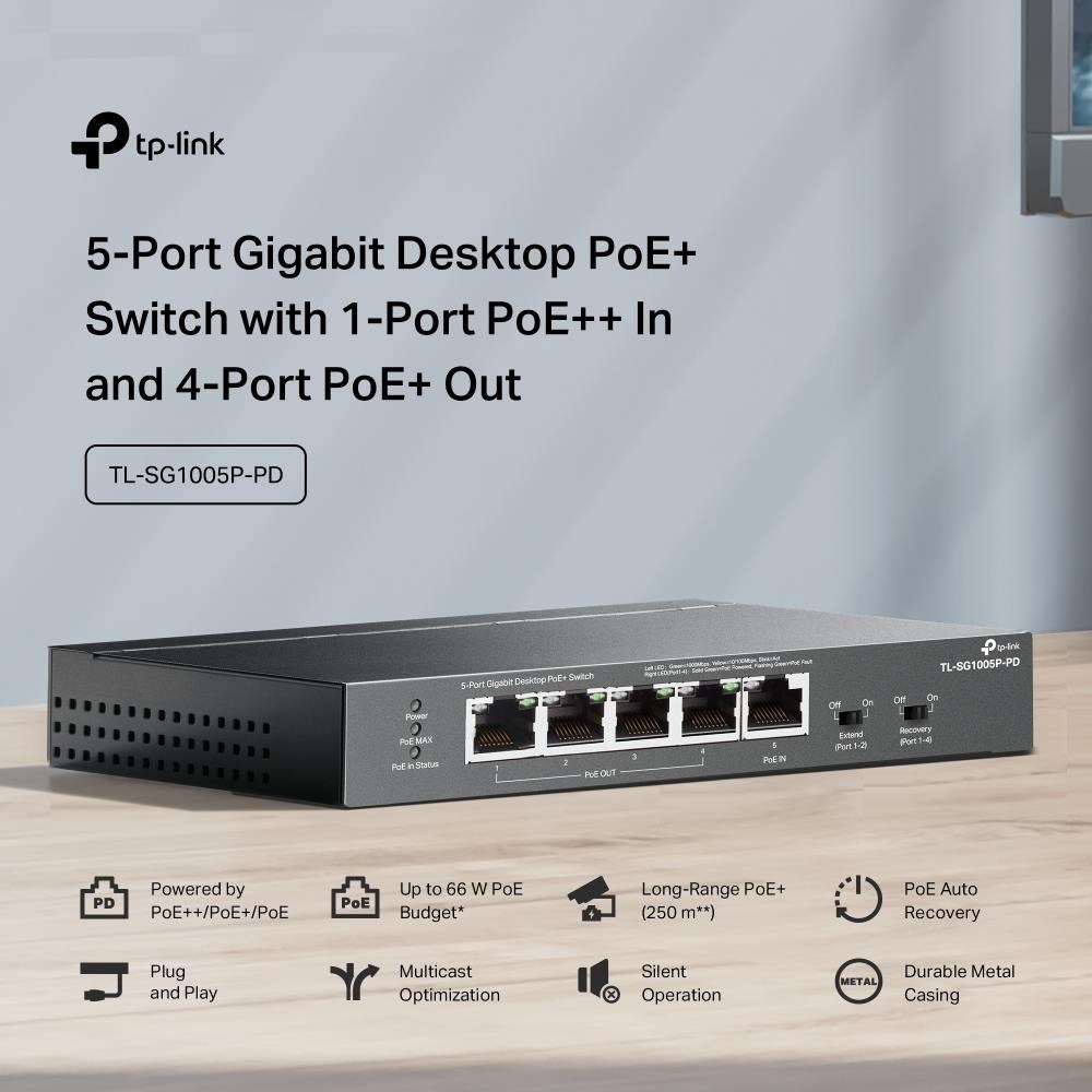 TP-Link switch TL-SG1005P-PD (5xGbE, 4xPoE+, 1xPoE-in, PoE++, 90W,  fanless)4 