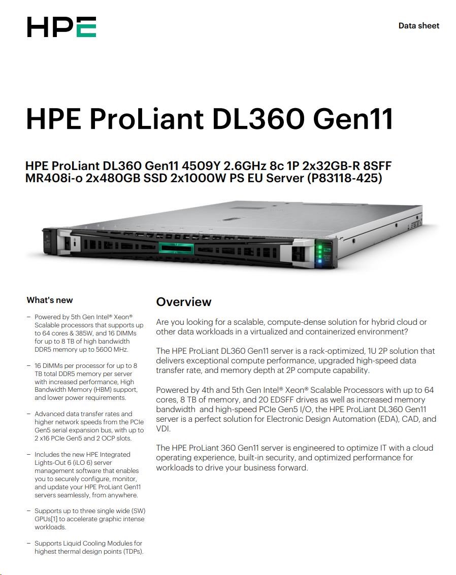 HPE PL DL360g11 4509Y (2.6G/ 8C) 2x32G (p64706) 2x480G 2x1000W MR408i-o 8SFF 4p1G ocp Smart Choice1 