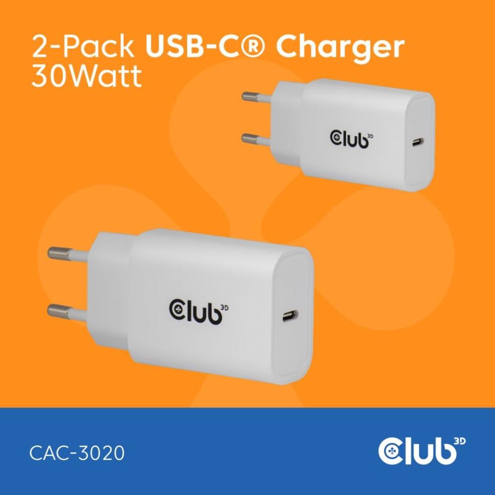 Club3D Nabíječka,  USB-C,  Power Delivery 15V/ 2A,  2-pack,  bílá1 