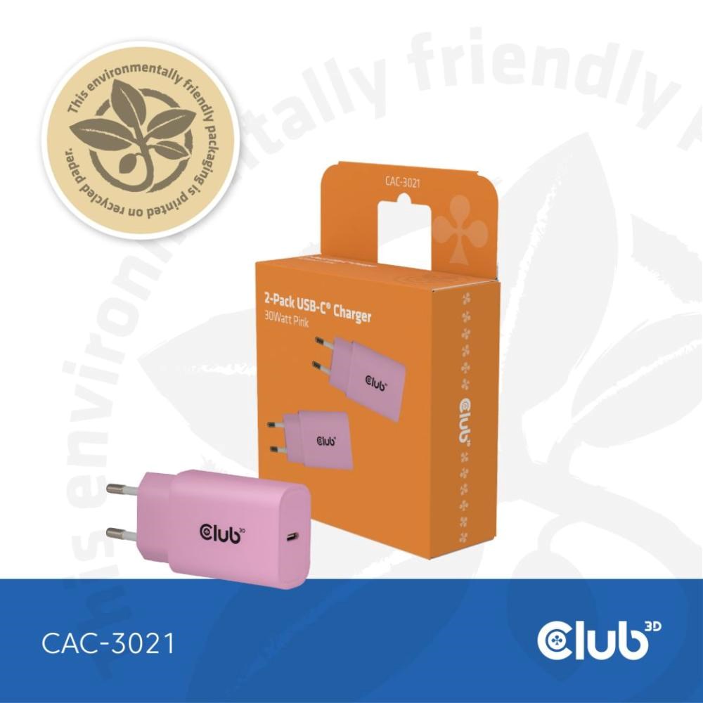 Club3D Nabíječka, USB-C, Power Delivery 15V 2A, 2-pack, růžová3 