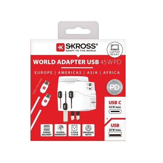 SKROSS cestovní adaptér PRO Light USB AC45PD - World, UK+USA+AUS/CN, univerzální, uzemněný, USB A+C 45W6 