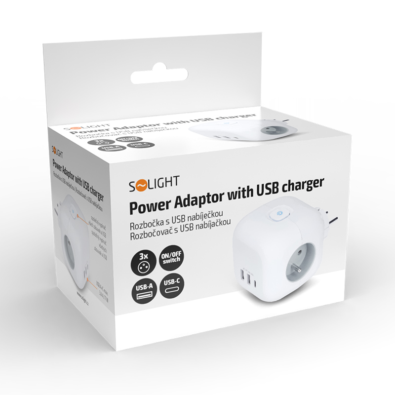 Solight rozbočka kostka, 3x 16A + USB A+C, bílá, vypínač6 