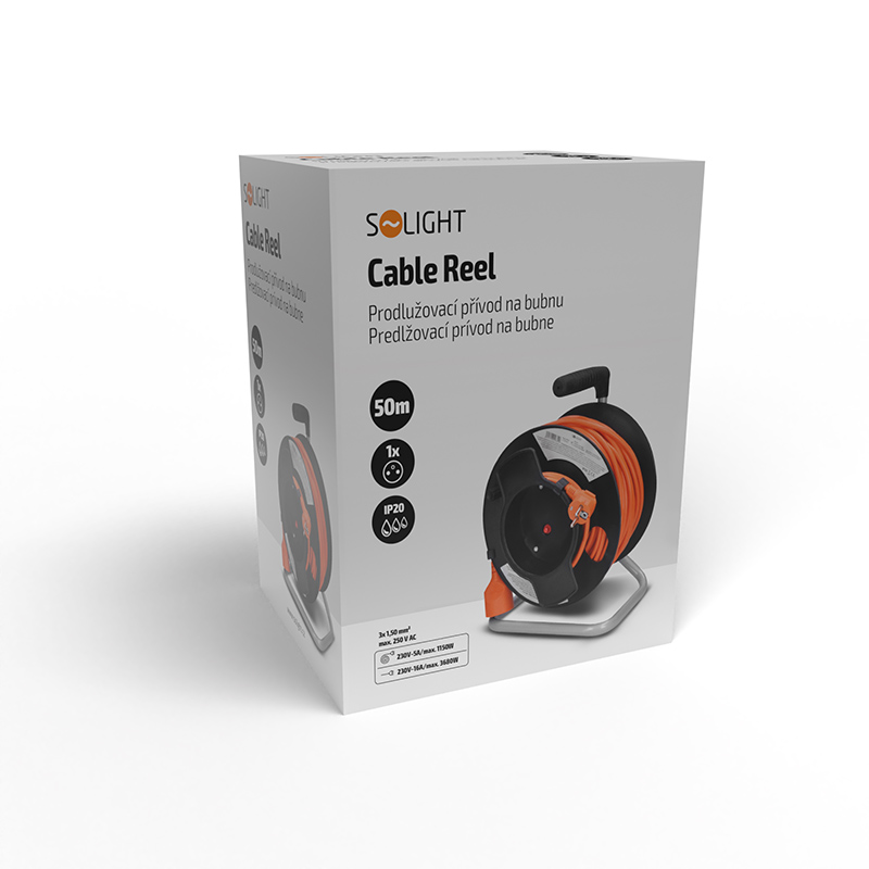Solight prodlužovací přívod na bubnu, 1 zásuvka, 50m, oranžový kabel, 3x 1, 5mm25 