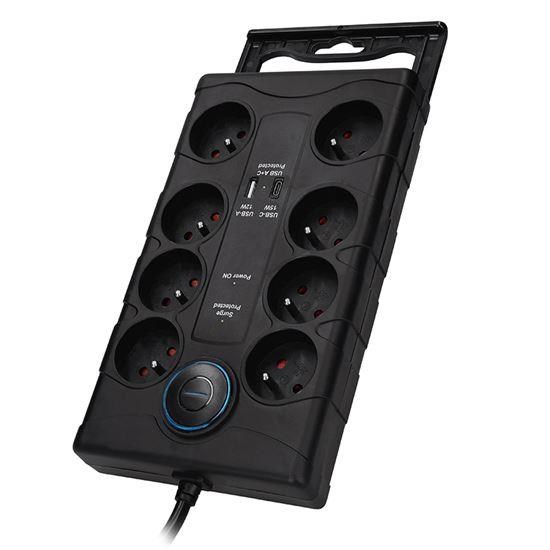 Solight přepěťová ochrana,  8z,  USB A+CA,  2m,  černá4 