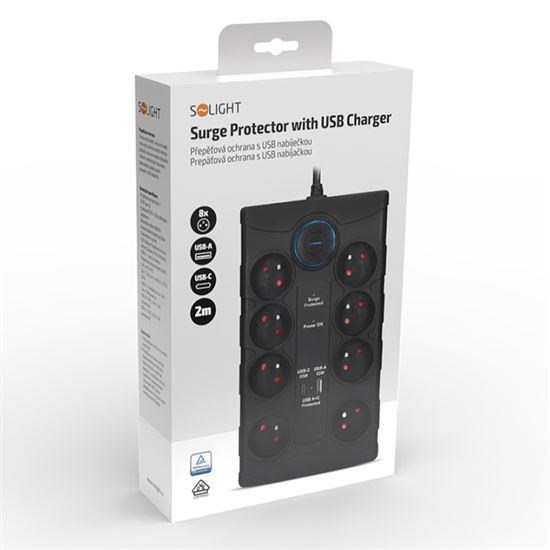 Solight přepěťová ochrana,  8z,  USB A+CA,  2m,  černá7 