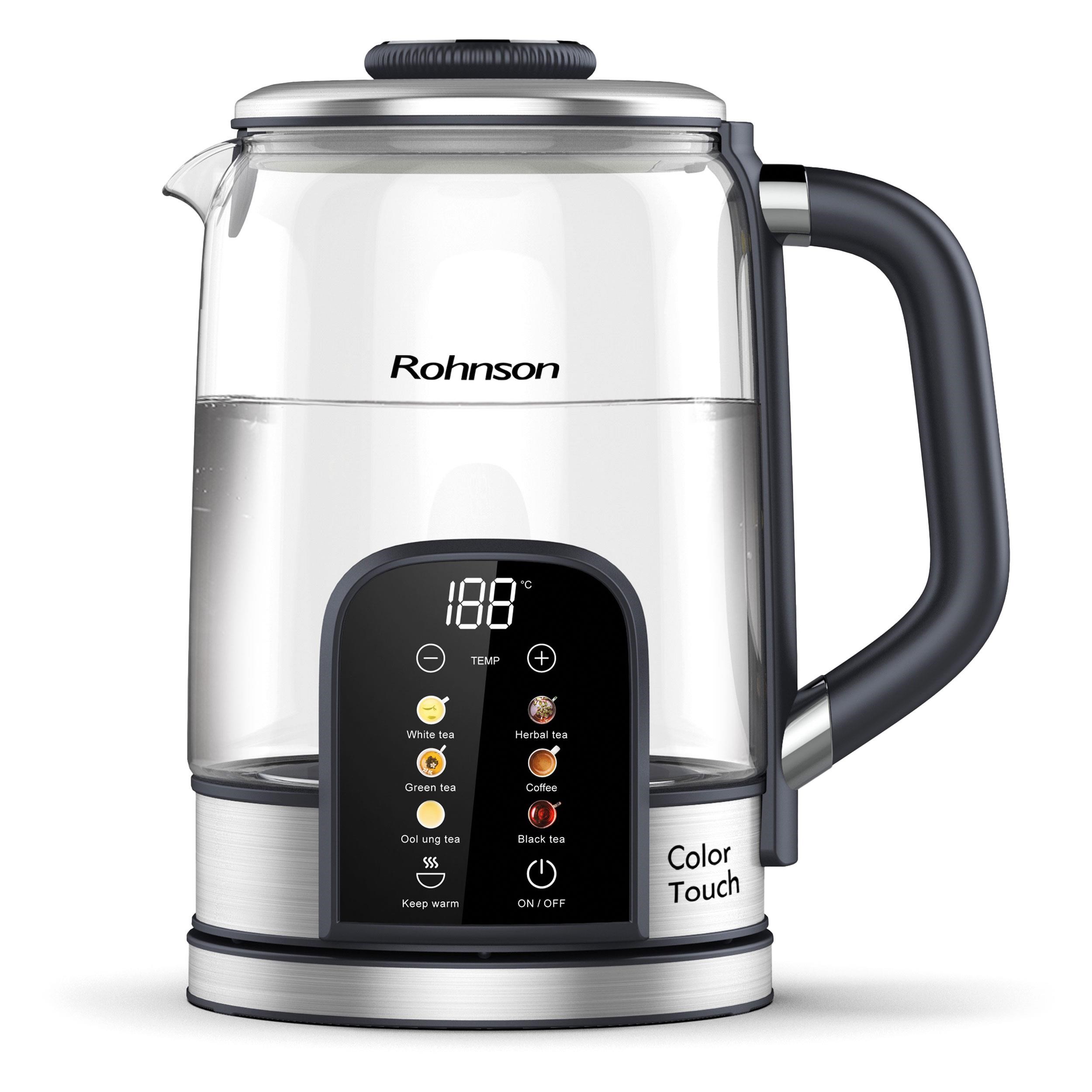 Rohnson Color Touch rychlovarná konvice,  2200 W,  6 teplot,  1.7 l,  LED displej,  dotykový ovládací panel,  sklo0 