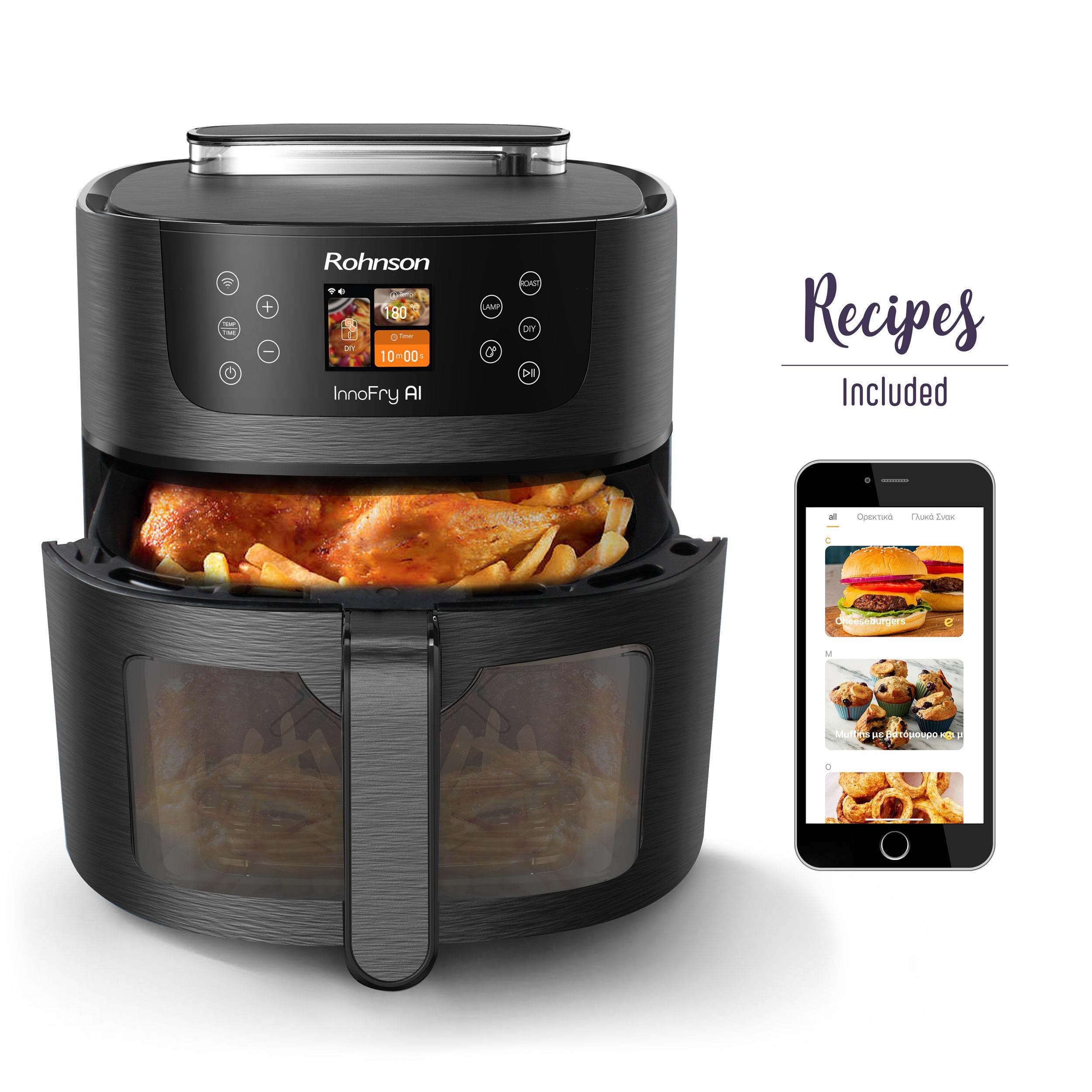 Rohnson InnoFry AI chytrá horkovzdušná fritéza, 1800 W, Wi-Fi, objem 8 l, TFT displej, černá2 
