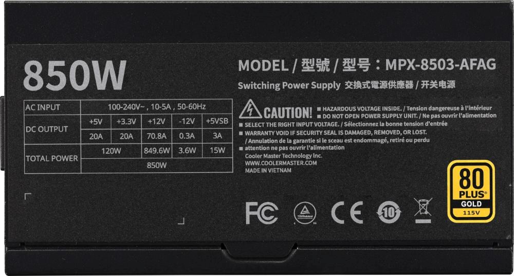 Cooler Master zdroj 850W MWE Gold 3 (GXII),  120mm,  80+ Gold,  Plně modulární,  ATX 3.18 