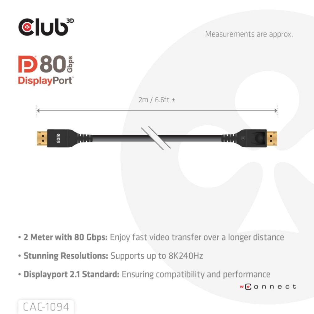 Club3D Kabel DisplayPort 2.1 na DisplayPort 2.1, VESA DP80, 8K240Hz/10K60Hz (M/M), 2m, černá2 
