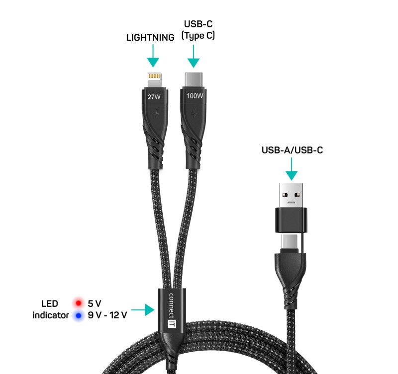 CONNECT IT Nabíjecí kabel Wirez 4v1,  USB-C/ USB,  Lightning/ USB-C,  1.25m,  černá1 