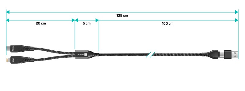 CONNECT IT Nabíjecí kabel Wirez 4v1,  USB-C/ USB,  Lightning/ USB-C,  1.25m,  černá3 