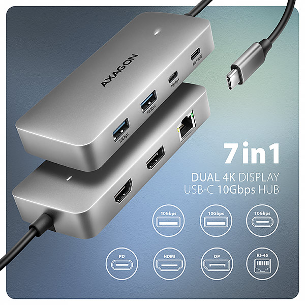 AXAGON HMC-CUB83X2,  USB 10Gbps hub,  2x USB-A,  USB-C,  HDMI & DP 4k/ 144Hz,  RJ-45 GLAN,  PD 100W,  kábel USB-C 15cm0 