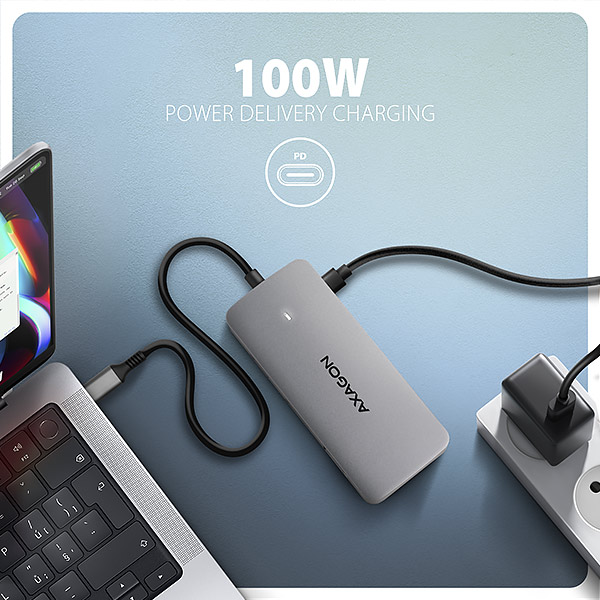 AXAGON HMC-CUB83X2,  USB 10Gbps hub,  2x USB-A,  USB-C,  HDMI & DP 4k/ 144Hz,  RJ-45 GLAN,  PD 100W,  kábel USB-C 15cm6 