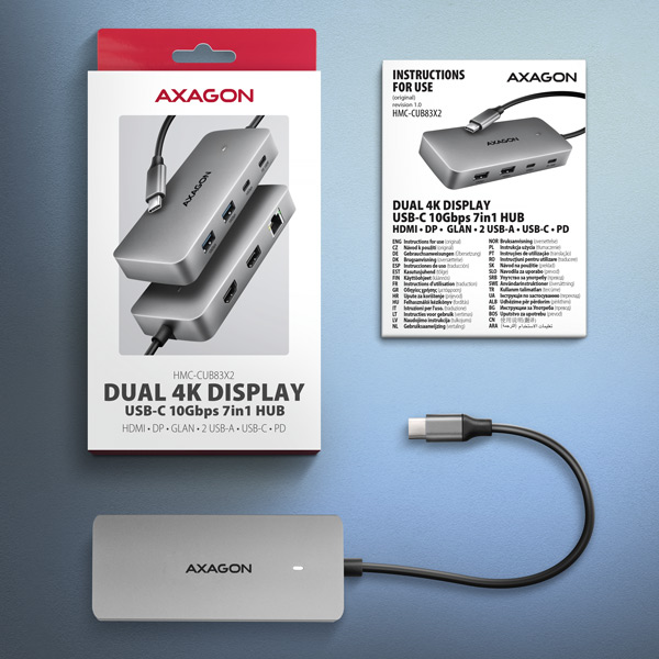 AXAGON HMC-CUB83X2,  USB 10Gbps hub,  2x USB-A,  USB-C,  HDMI & DP 4k/ 144Hz,  RJ-45 GLAN,  PD 100W,  kábel USB-C 15cm9 