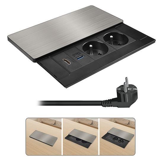 Solight vestavný blok zásuvek s posuvným krytem,  2 zásuvky,  HDMI,  USB A+C 20W PD,  2m,  stříbrný0 