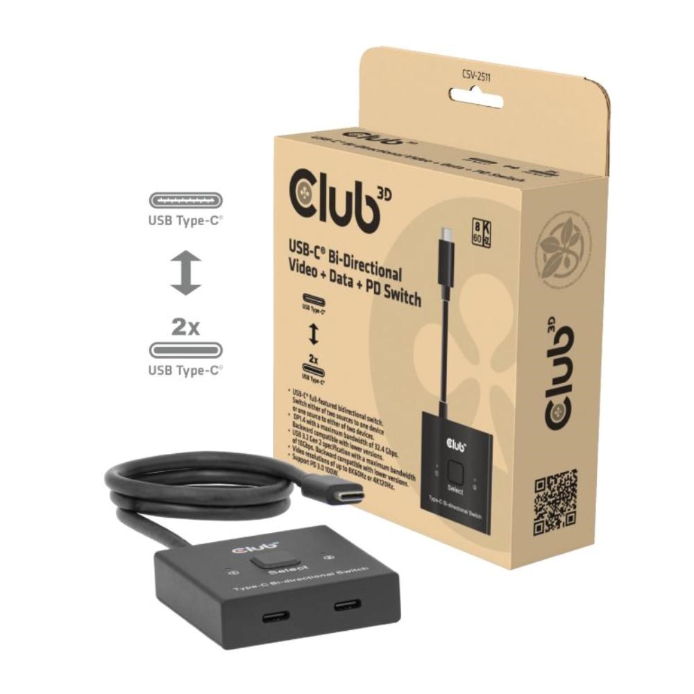 Club3D Switch, USB-C na 2xUSB-C Oboustranný 2v1, 8K60Hz, 4K120Hz, PD 100W0 