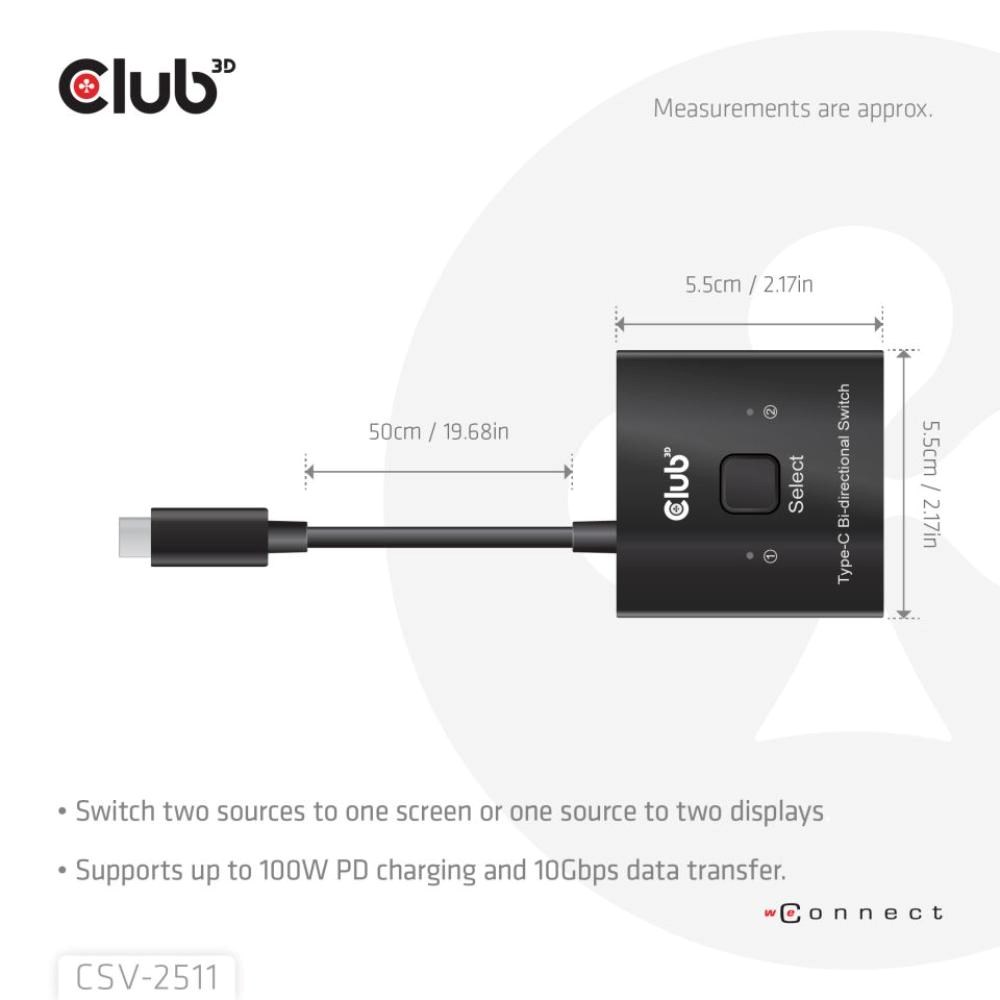 Club3D Switch, USB-C na 2xUSB-C Oboustranný 2v1, 8K60Hz, 4K120Hz, PD 100W1 