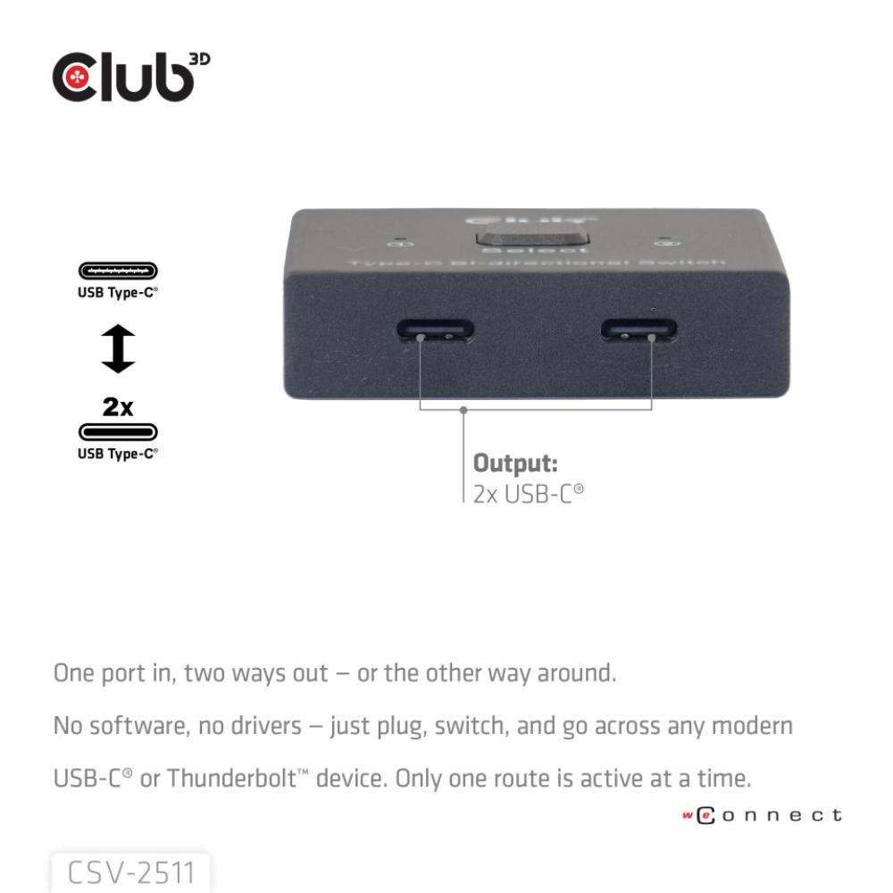 Club3D Switch, USB-C na 2xUSB-C Oboustranný 2v1, 8K60Hz, 4K120Hz, PD 100W2 