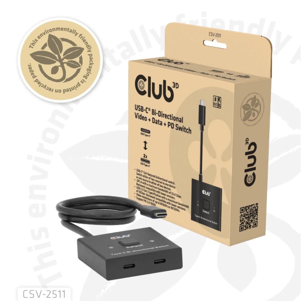 Club3D Switch, USB-C na 2xUSB-C Oboustranný 2v1, 8K60Hz, 4K120Hz, PD 100W4 
