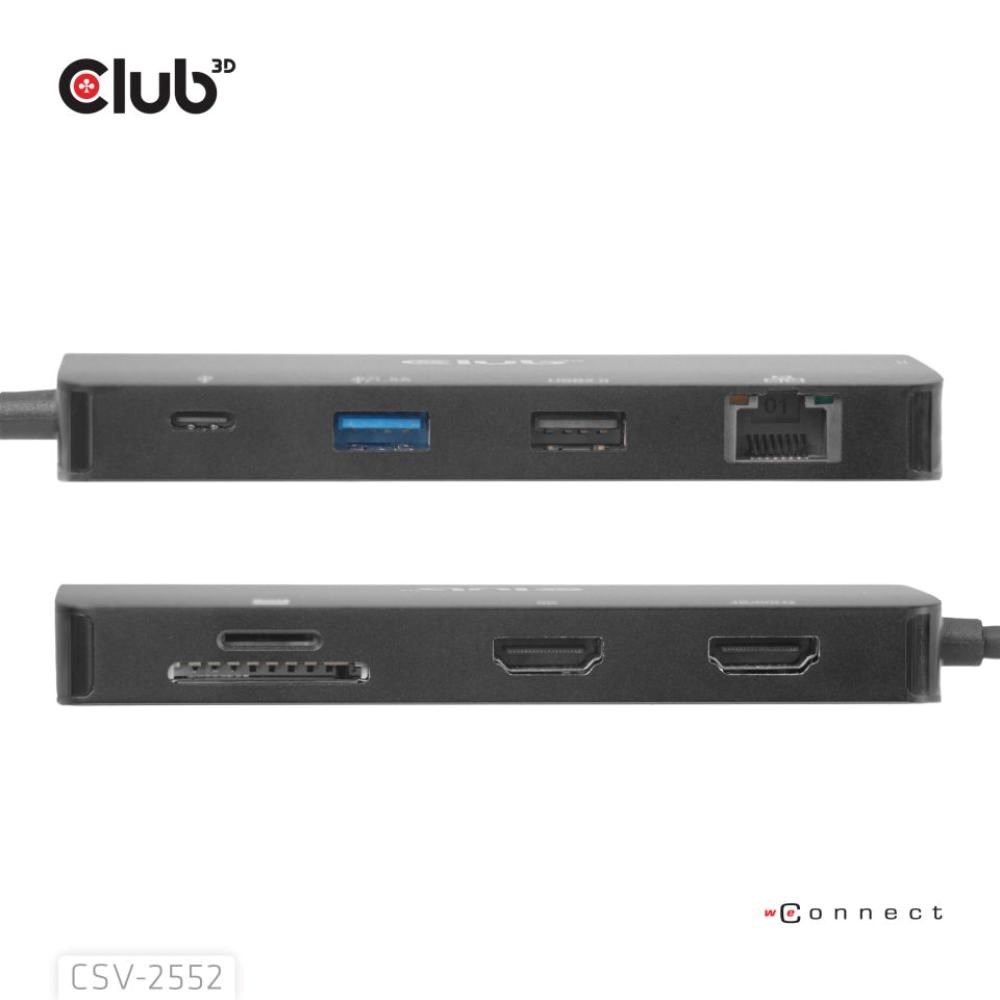Club3D Dokovací stanice USB-C 9v1, 2xHDMI, 1xUSB-C, 1xUSB-C PD, 2xUSB, 1xRJ45, microSD/SD, černá6 