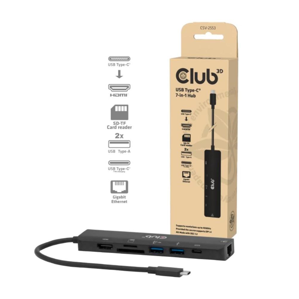 Club3D Dokovací stanice USB-C 7v1, 1xHDMI, 1xUSB-C PD, 2xUSB, 1xRJ45, microSD SD, černá0 