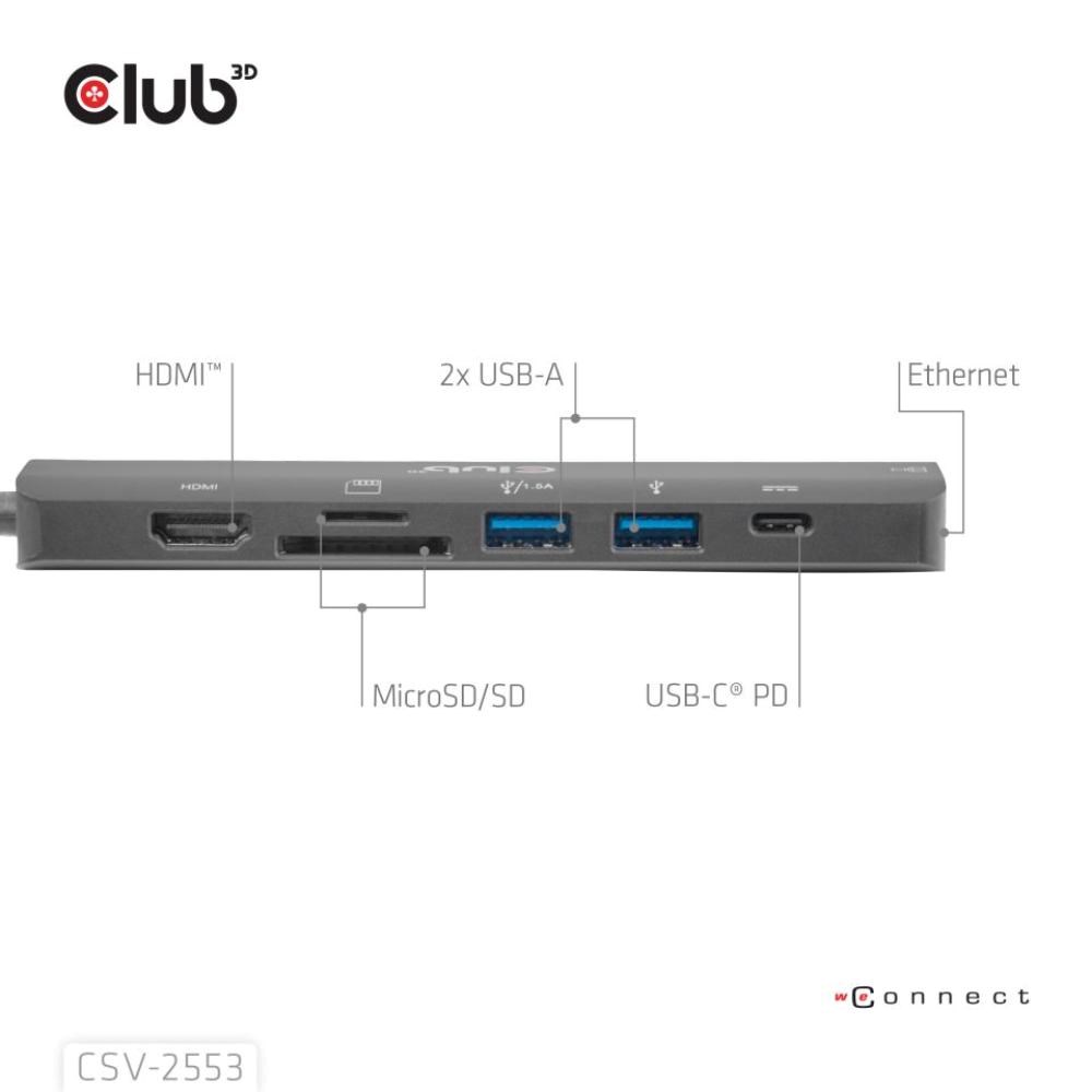 Club3D Dokovací stanice USB-C 7v1, 1xHDMI, 1xUSB-C PD, 2xUSB, 1xRJ45, microSD SD, černá2 