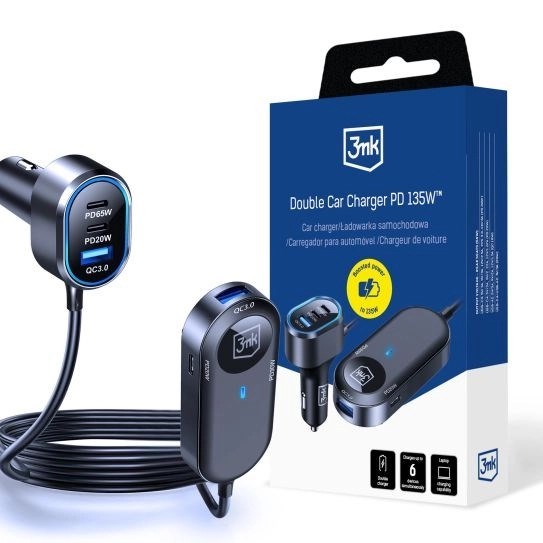 3mk Double Car Charger 135W PD QC PPS USB 2A4C Black/ Gray0 