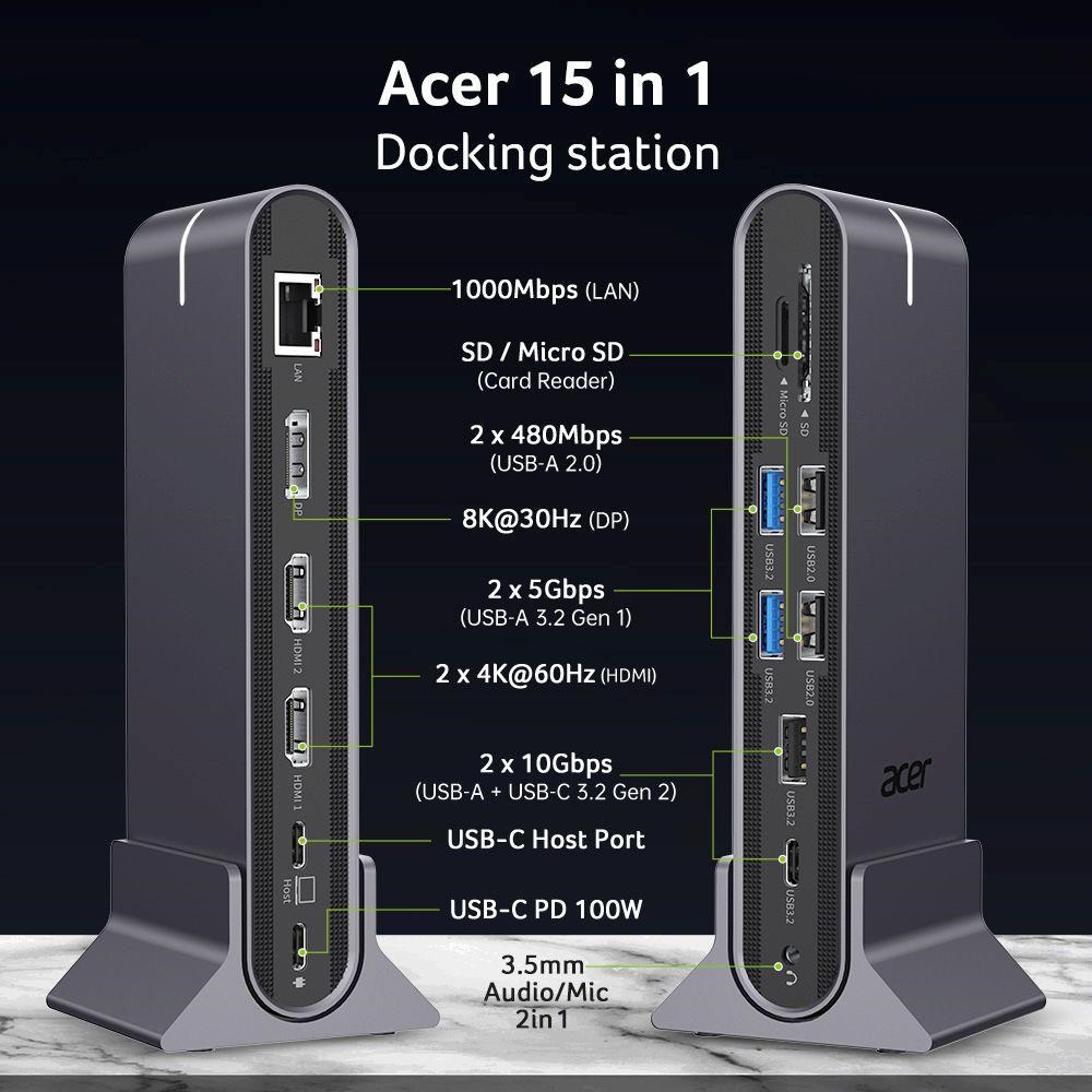 ACER 15in1 USB Type-C Universal Mini-dock: Host interface: USB-C, 2x USB-A 2.0, 1x USB-A 3.2 Gen2, 1x USB-A 3.2 Gen1, 15 