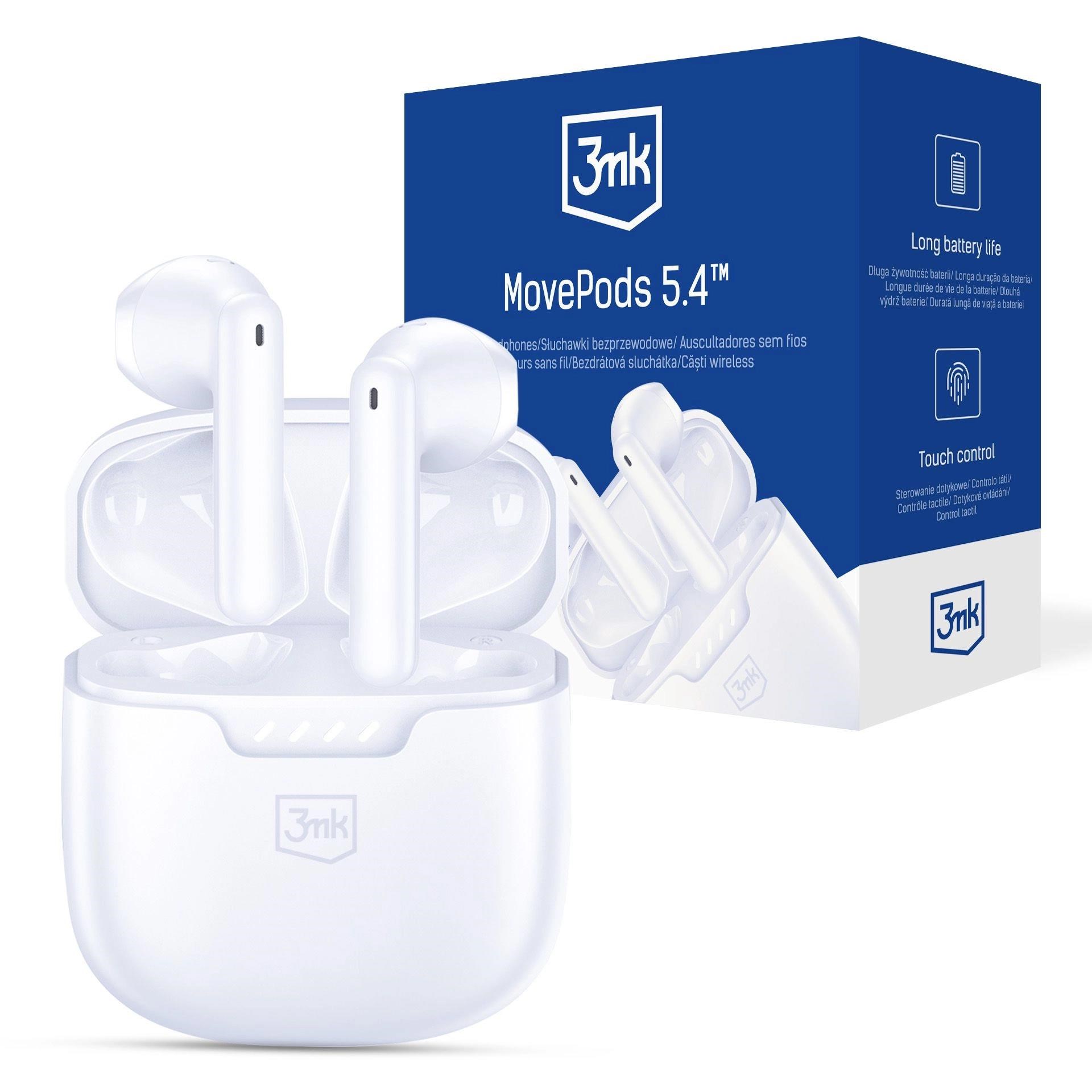 3mk bezdrátová stereo sluchátka MovePods 5.4,  stereo,  nabíjecí pouzdro,  bílá0 