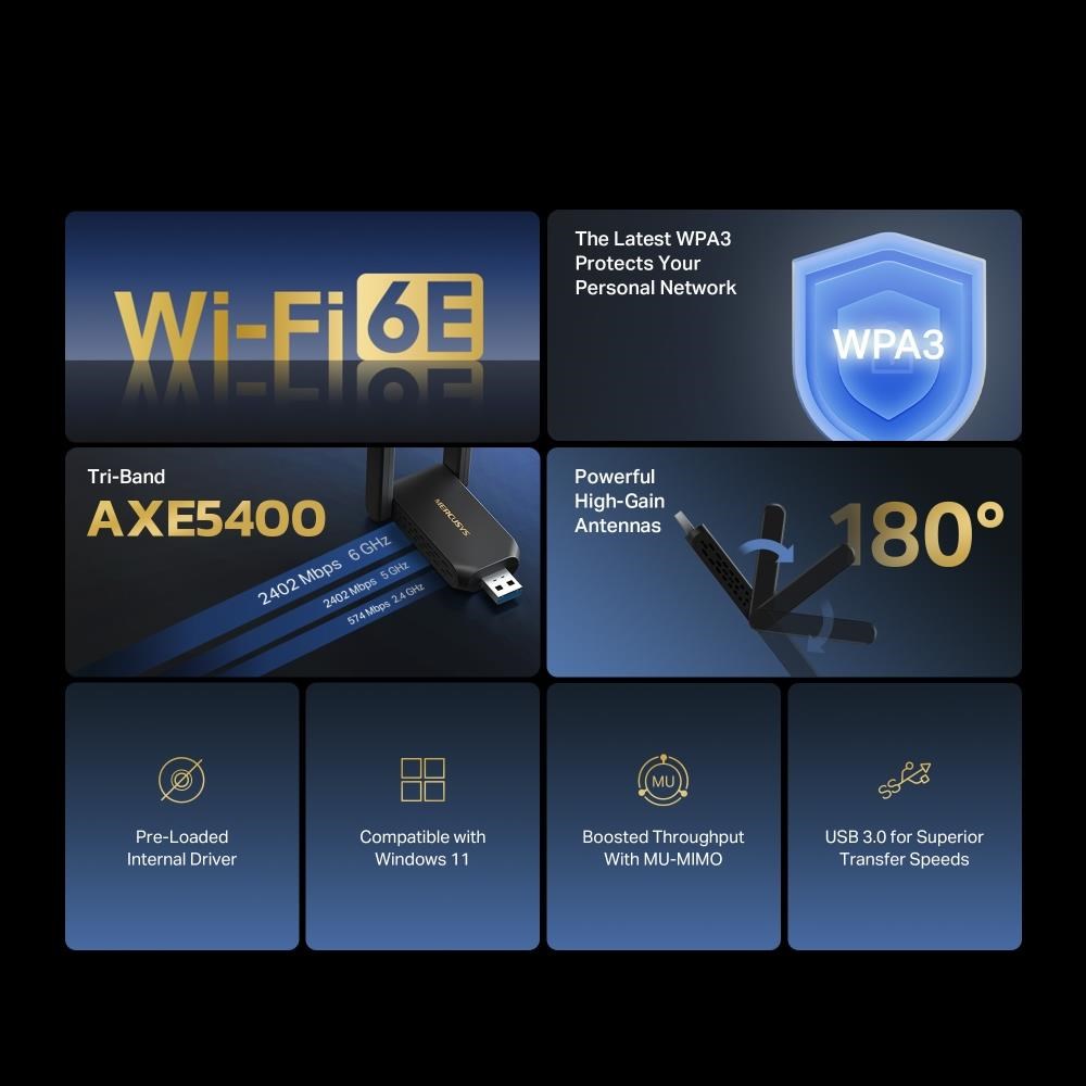 MERCUSYS MA86XH WiFi6 USB adapter (AXE5400, 2, 4GHz/ 5GHz/ 6GHz, USB3.0)2 