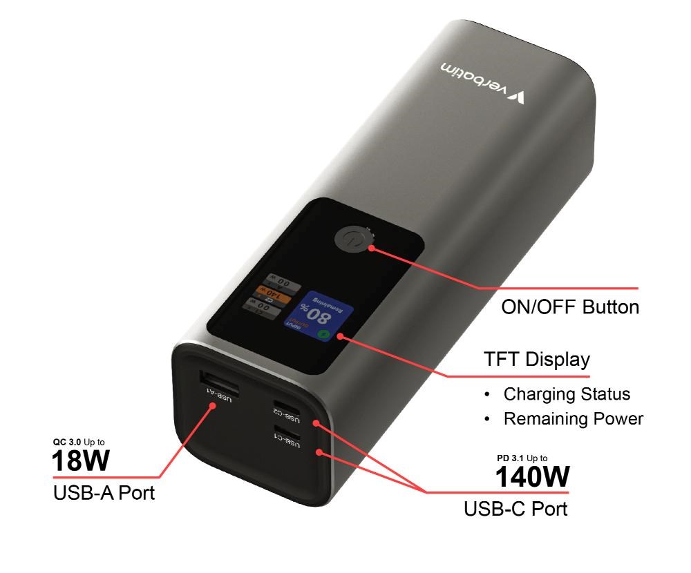 VERBATIM Powerbanka Charge "n" Go,  27000 mAh,  2x USB-C 140W,  1x USB-A 18W,  Šedá1 