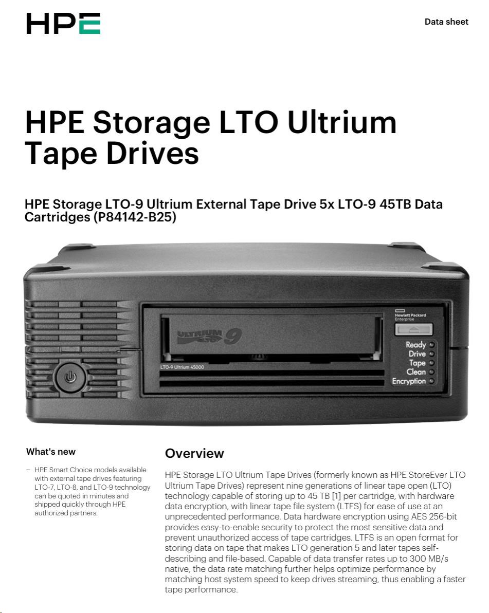 HPE Storage LTO-9 Ultrium External Tape Drive (BC042A) + 5x LTO-9 45TB DataCartridges (Q2079A) +(716197-B21)Smart choice2 