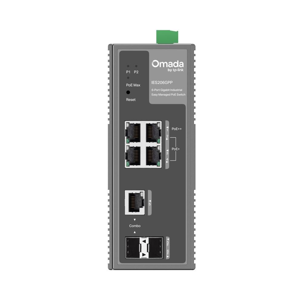 TP-Link OMADA průmyslový switch IES206GPP (4xGbE, 1xGbE/ SFPcombo, 1xSFP, 3xPoE+, 1xPoE++, 120W, DIN, IP40, fanless)1 