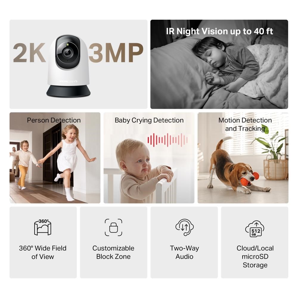 MERCUSYS MC210 domácí/ indoor kamera (3MP,  2K,  1296p,  IR 12m,  WiFi,  microSD)1 