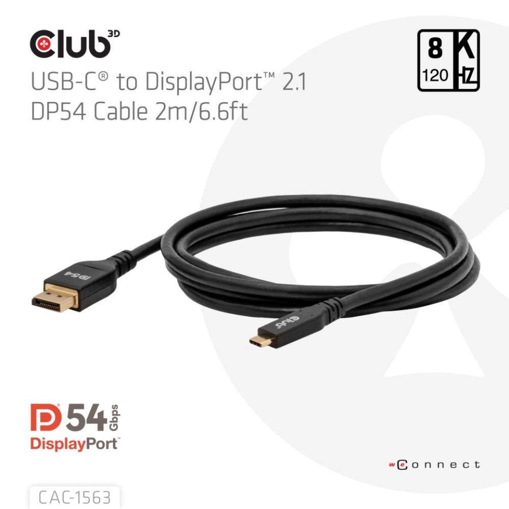 Club3D Kabel USB-C na DisplayPort 2.1 DP54 Bi-Directional,  8K120Hz,  4K480Hz,  2m1 