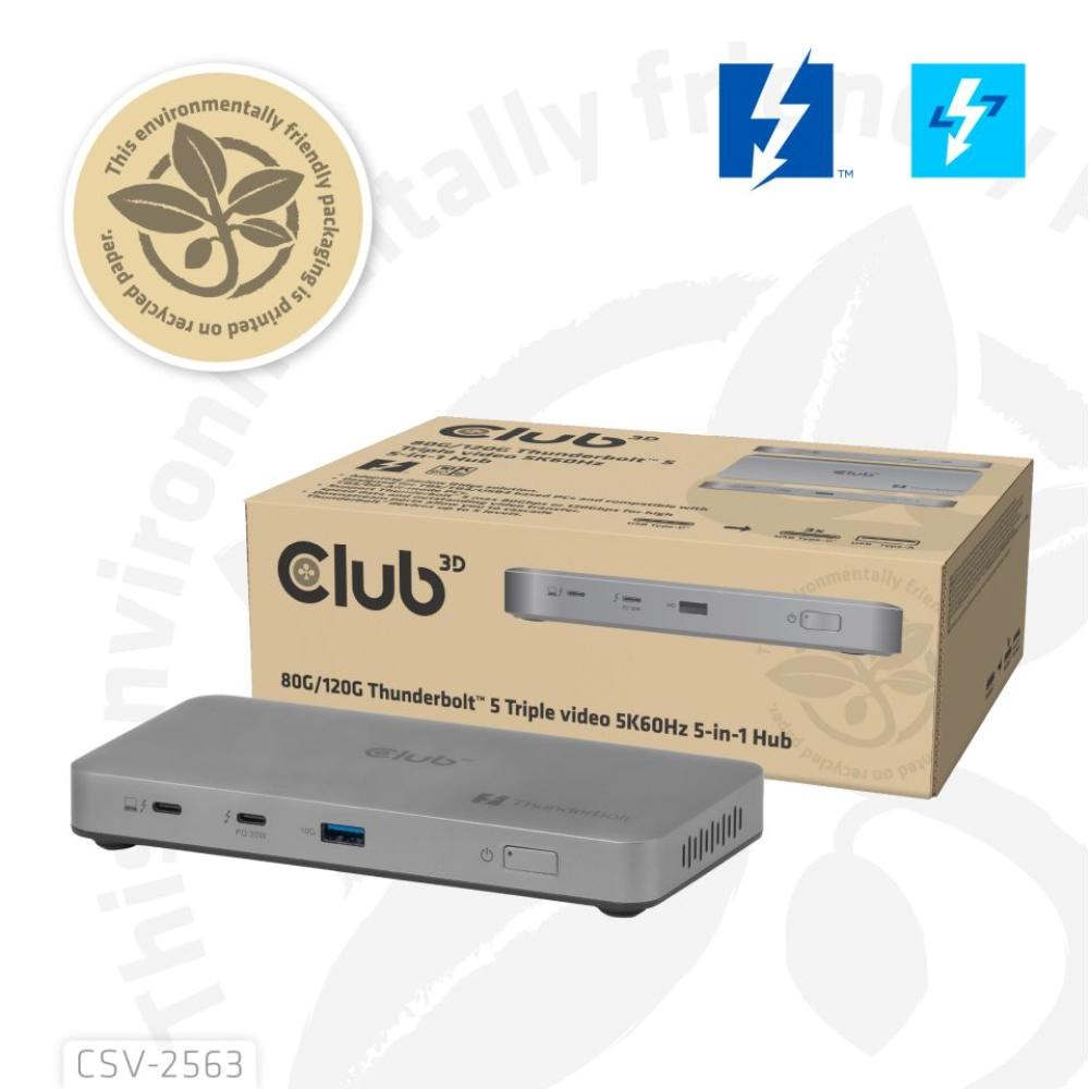 Club3D hub Thunderbolt 5 5v1,  3x USB-C TB5,  1x USB-A,  1x8K60Hz,  3x 5K60Hz,  certifikace Thunderbolt Share,  180W6 