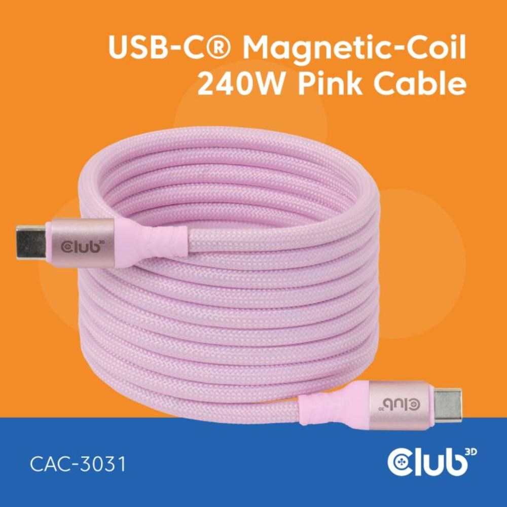 Club3D Kabel magnetický USB-C,  240W PD3.1,  480 Mbps,  2m,  růžová0 