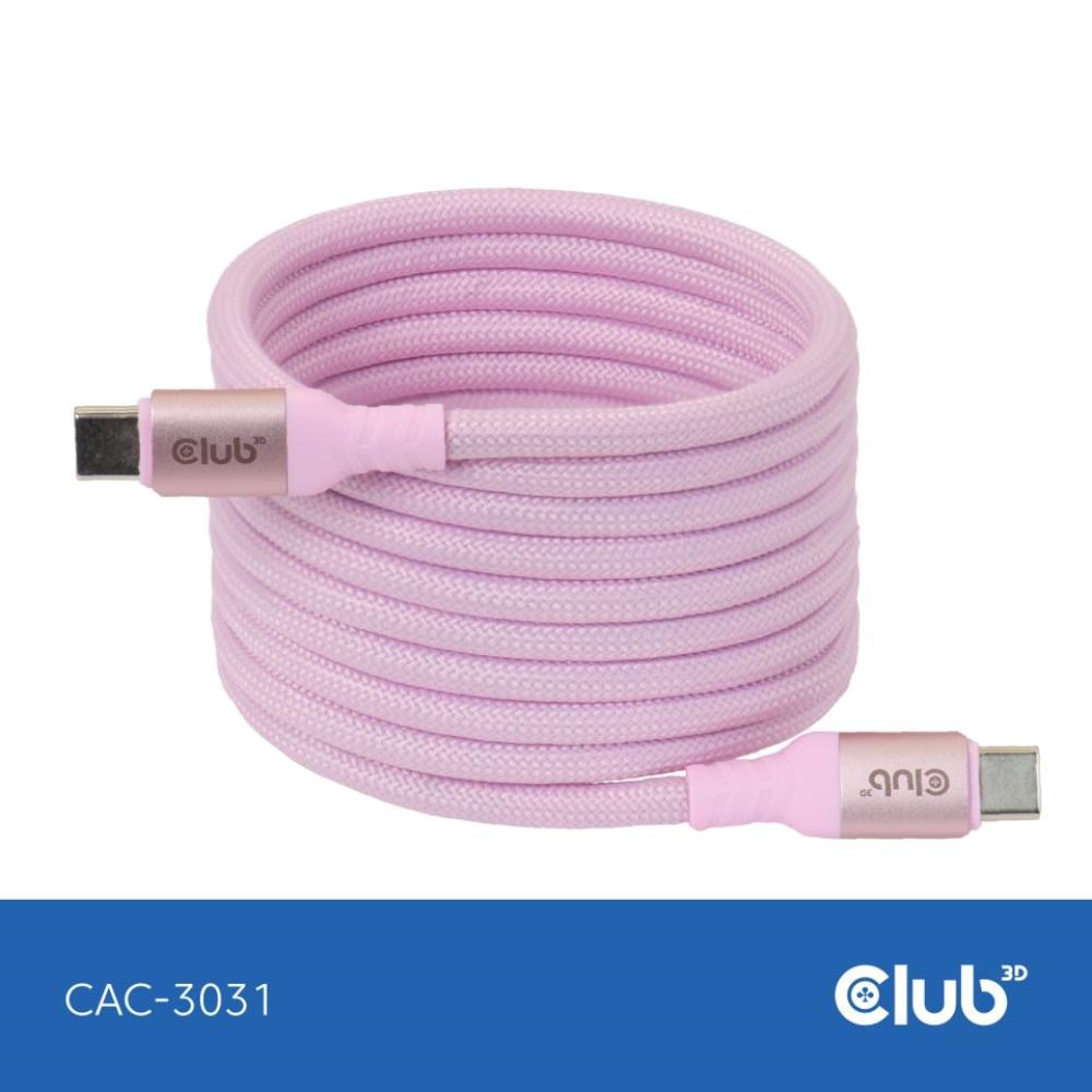 Club3D Kabel magnetický USB-C,  240W PD3.1,  480 Mbps,  2m,  růžová4 