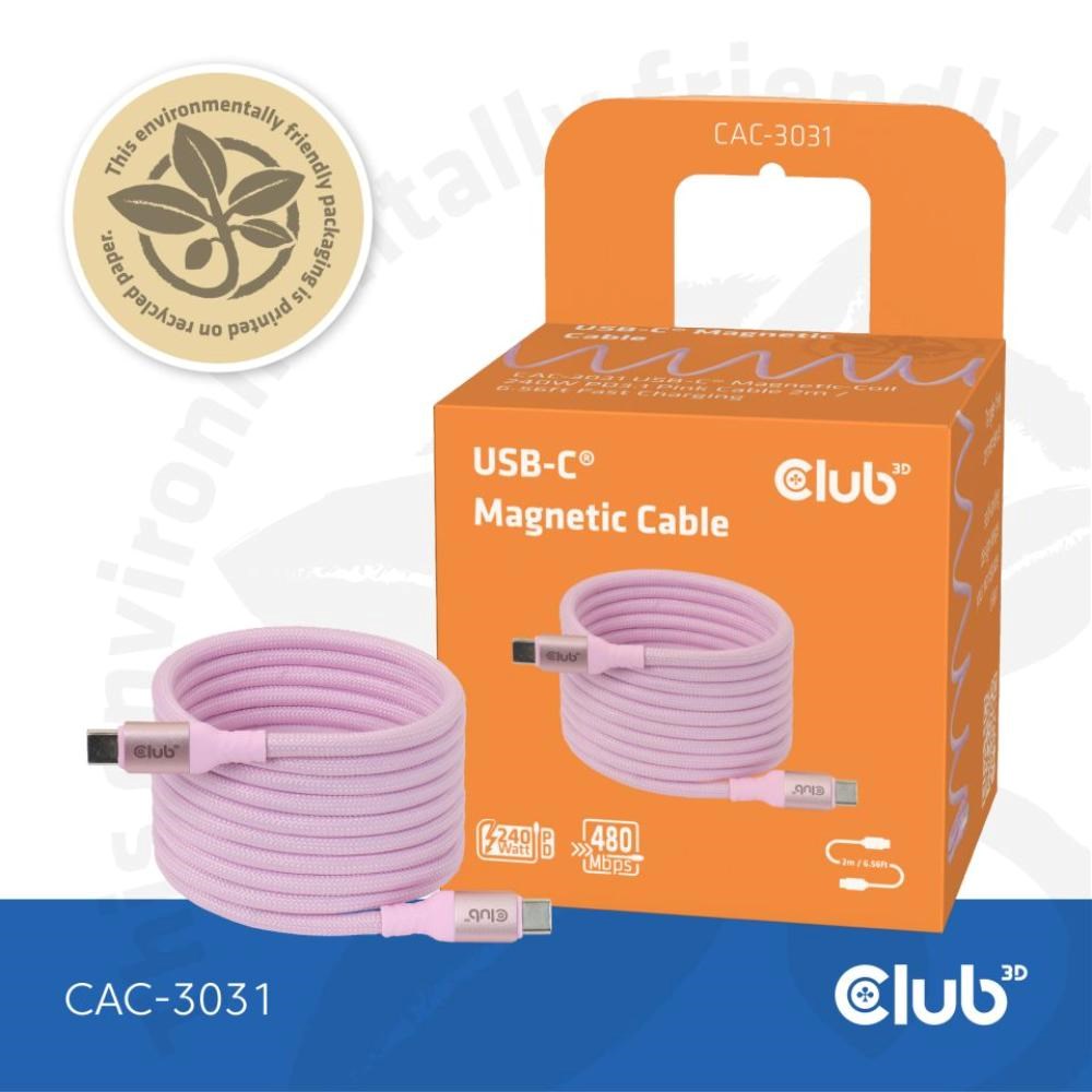 Club3D Kabel magnetický USB-C,  240W PD3.1,  480 Mbps,  2m,  růžová5 