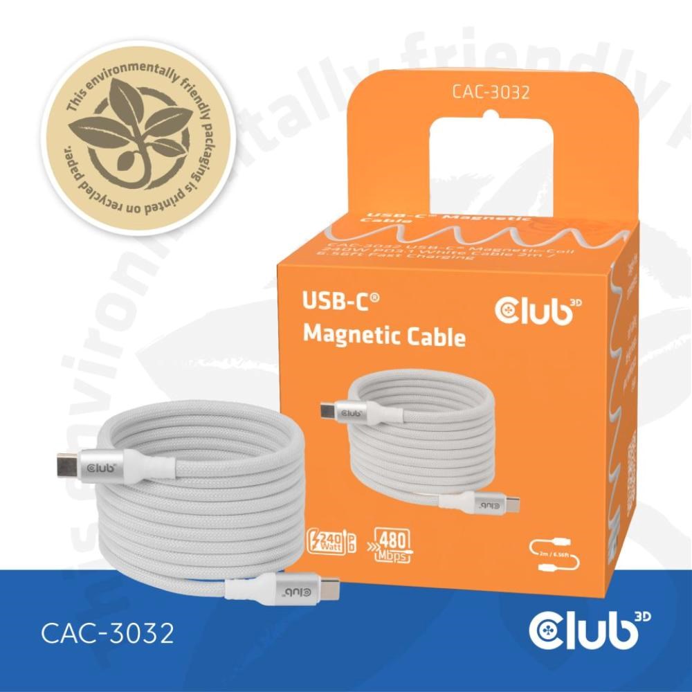 Club3D Kabel magnetický USB-C,  240W PD3.1,  480 Mbps,  2m,  bílá5 